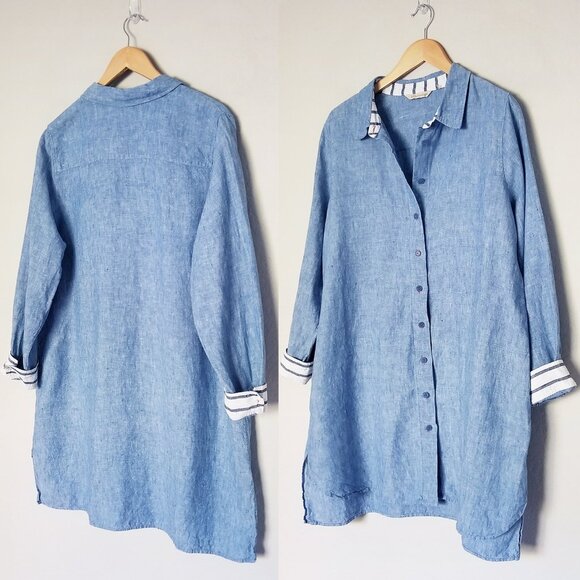 Soft Surroundings 100% Linen Lagenlook Chambray Blue Button Up Tunic Shirt 1X - Picture 2 of 16